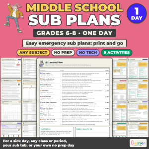 Middle School Sub Plans, Any Subject, Emergency Substitute Binder, 9 No Prep Activities
