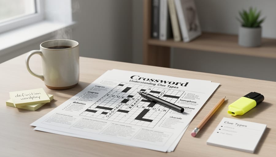 Open newspaper crossword grid on a wooden desk with a pencil resting on top
