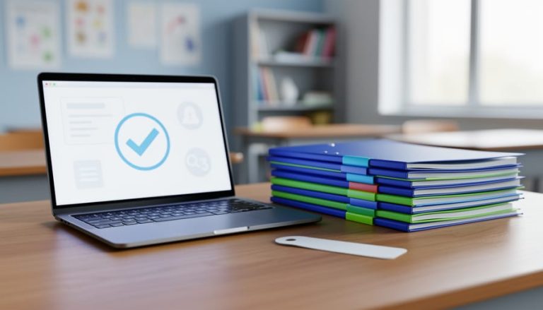 Teacher’s desk with an open laptop and organized notebook folders representing bookmarked open-source question banks.