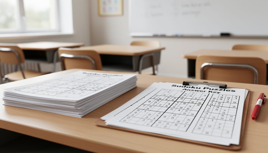 Organized stack of Sudoku puzzle pages and answer sheets in folders on a teacher’s desk.