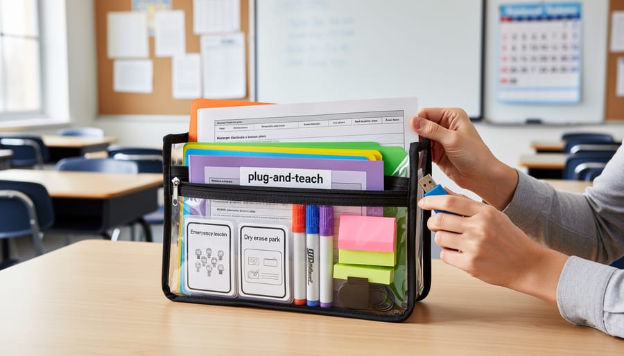 Hands organizing printed classroom activity pages into a folder inside a tote bag