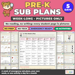 PreK Sub Plans Week Long, Emergency Sub Plans for Preschool and Pre-K, No Prep, No Reading, 112 Pages