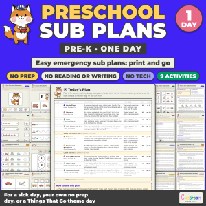 Preschool Sub Plans, Emergency Substitute Binder, 9 No Prep Activities for Pre-K, No Reading