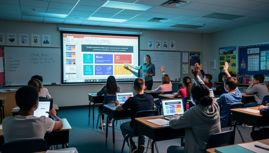 An educator using a remote in a classroom with a projector illuminating a screen in front of the room.