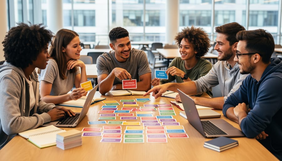 Students collaborating in a team around flashcard-style review cards and a shared device