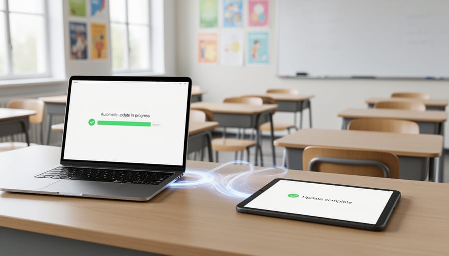 Teacher’s hands inserting a USB drive into a laptop while classroom devices sit nearby