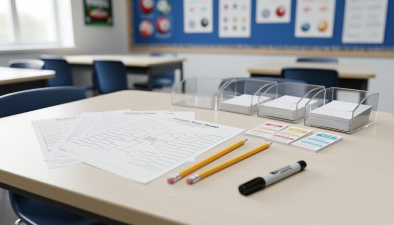 Classroom table with pool tournament bracket sheets, roster cards, pencils, and a marker arranged neatly for a school competition.
