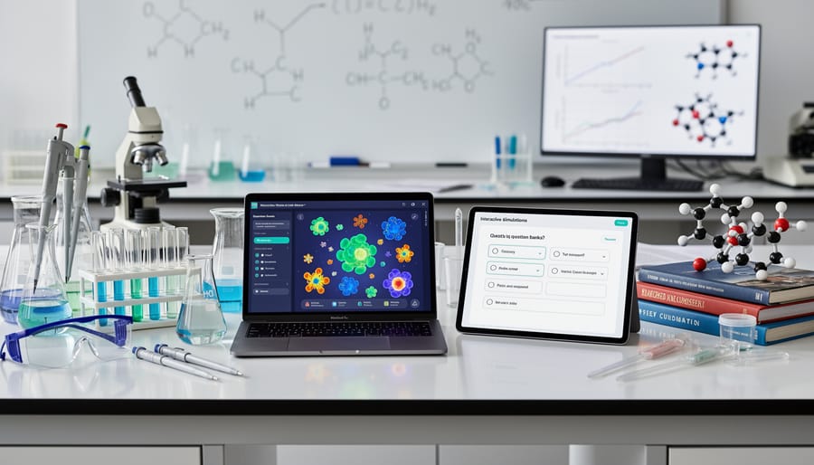 Science tools on a lab bench with glass prism and laboratory instruments