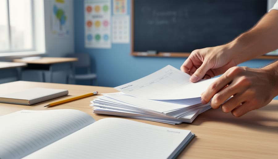 Teacher’s hands arranging blank lesson plan pages on a classroom desk with a pencil and notebook in soft natural light.