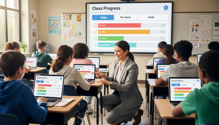 Teacher conducting quick formative assessments while students remain engaged at their desks