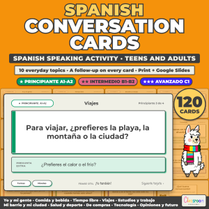 Spanish Conversation Cards, Speaking Activity A1 to C1 for Teens and Adults, 120 Printable Cards and Google Slides