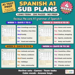 Spanish Long Term Sub Plans, 4 Weeks, A1 Review, Spanish 1, Any Grade, 20 Days of No Prep Sub Plans for Spanish Class, 256 Pages