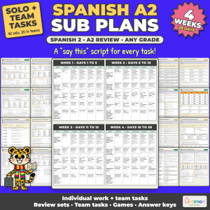 Spanish Long Term Sub Plans, 4 Weeks, A2 Review, Spanish 2, Any Grade, 20 Days of No Prep Sub Plans for Spanish Class, 253 Pages