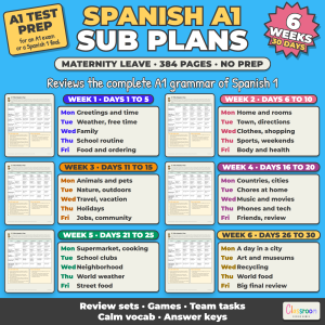 Spanish Maternity Leave Sub Plans, 6 Weeks, A1 Review, Spanish 1, Any Grade, 30 Days of No Prep Sub Plans for Spanish Class, 384 Pages