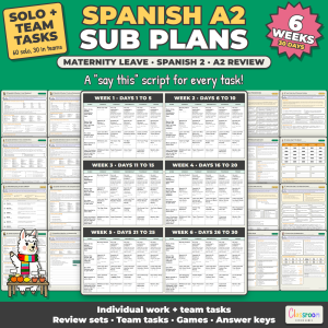 Spanish Maternity Leave Sub Plans, 6 Weeks, A2 Review, Spanish 2, Any Grade, 30 Days of No Prep Sub Plans for Spanish Class, 380 Pages