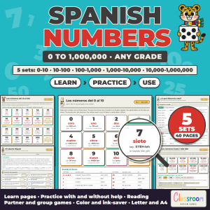 Spanish Numbers Worksheets 0 to 1,000,000: 5 Printable Sets with Pronunciation, Practice, Reading and Speaking Games, Answer Keys