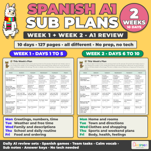 Spanish Sub Plans, 2 Weeks, A1 Review, Spanish 1, Any Grade, Long Term Sub Plans for Spanish Class, No Prep, 127 Pages