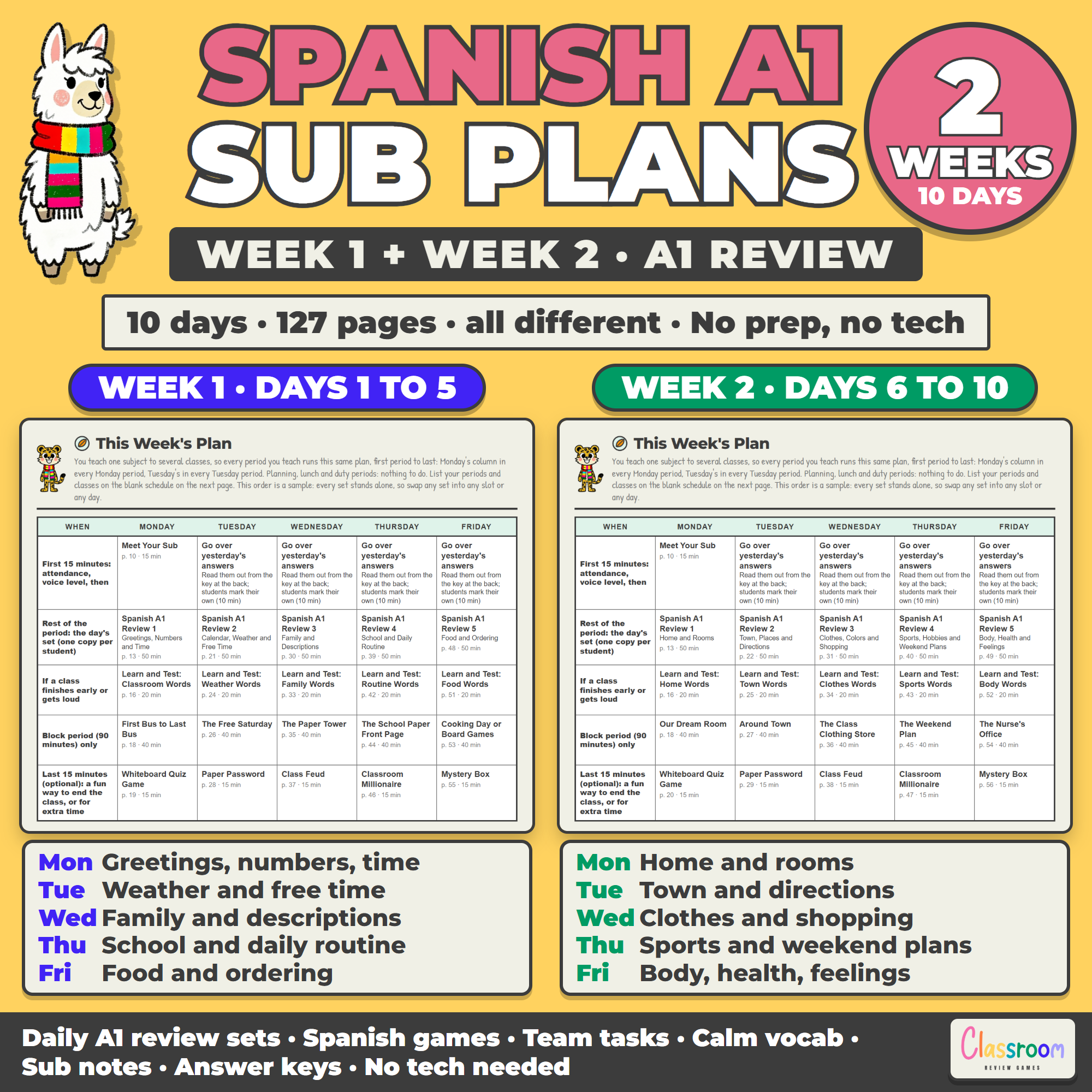 Spanish Sub Plans, 2 Weeks, A1 Review, Spanish 1, Any Grade, Long Term Sub Plans for Spanish Class, No Prep, 127 Pages