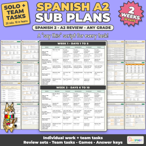 Spanish Sub Plans, 2 Weeks, A2 Review, Spanish 2, Any Grade, Long Term Sub Plans for Spanish Class, No Prep, 126 Pages