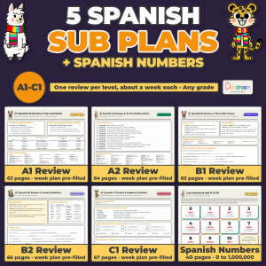 Spanish Sub Plans by Level Bundle, 5 Level Reviews A1 to C1 plus Spanish Numbers Worksheets 0 to 1,000,000, No Prep Emergency Sub Plans for Every Spanish Class, 365 Pages