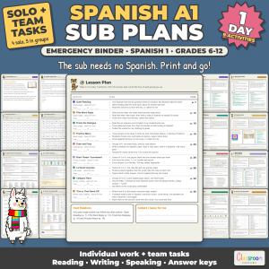 Spanish Sub Plans, Spanish 1 Emergency Sub Binder, A1, Grades 6-12, 9 No Prep Activities