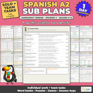 Spanish Sub Plans, Spanish 2 Emergency Sub Binder, A2, Grades 6-12, 9 No Prep Activities