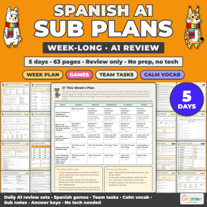Spanish Sub Plans, A1 Review, Spanish 1, Any Grade, Week Long Emergency Sub Plans for Spanish Class, No Prep, 63 Pages