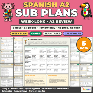 Spanish Sub Plans, A2 Review, Spanish 2, Any Grade, Week Long Emergency Sub Plans for Spanish Class, No Prep, 64 Pages