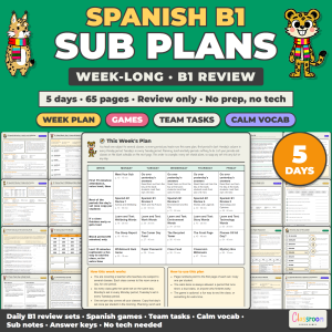 Spanish Sub Plans, B1 Review, Spanish 3, Any Grade, Week Long Emergency Sub Plans for Spanish Class, No Prep, 65 Pages