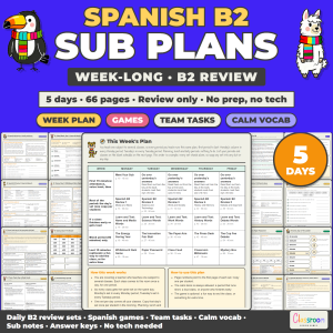 Spanish Sub Plans, B2 Review, Spanish 4 and AP, Any Grade, Week Long Emergency Sub Plans for Spanish Class, No Prep, 66 Pages