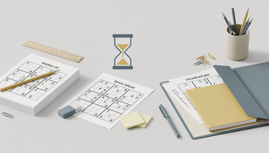 Close-up of pencil and reusable classroom board near Sudoku worksheets.