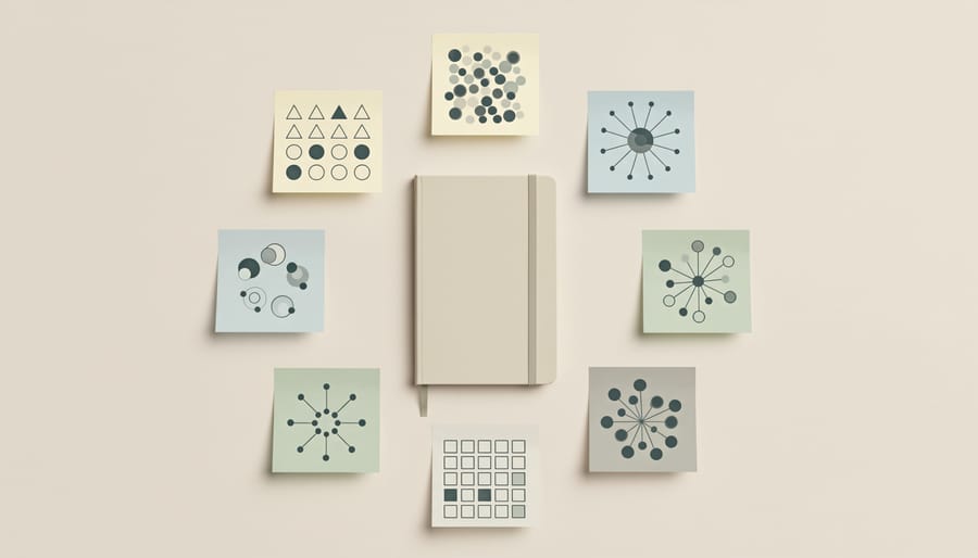Colored sticky notes placed around a blank notebook page to represent visual pattern placement without readable text.