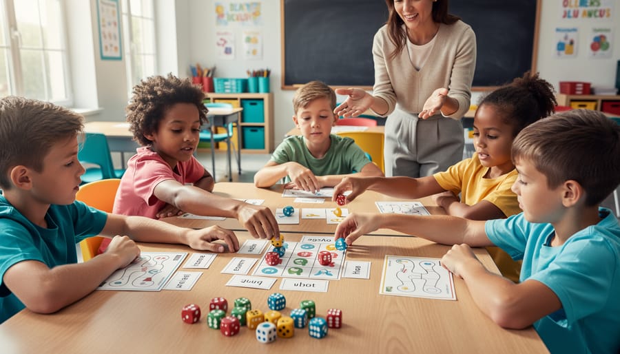“A diverse classroom where students play hands-on educational games with dice and word cards while a teacher watches and supports learning.”