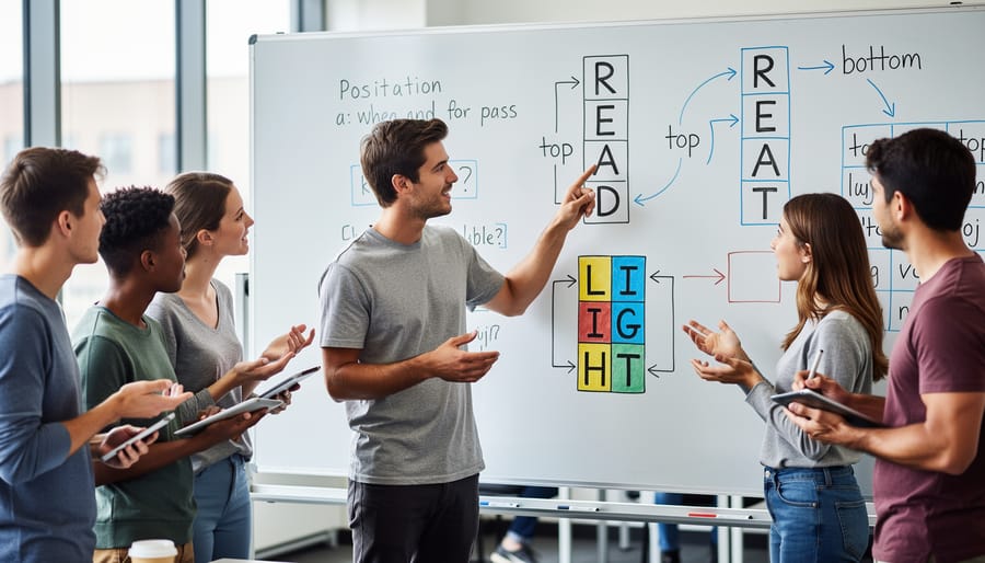 Students collaborating at a whiteboard with puzzle cards, showing hands-on discussion for solving word puzzles.