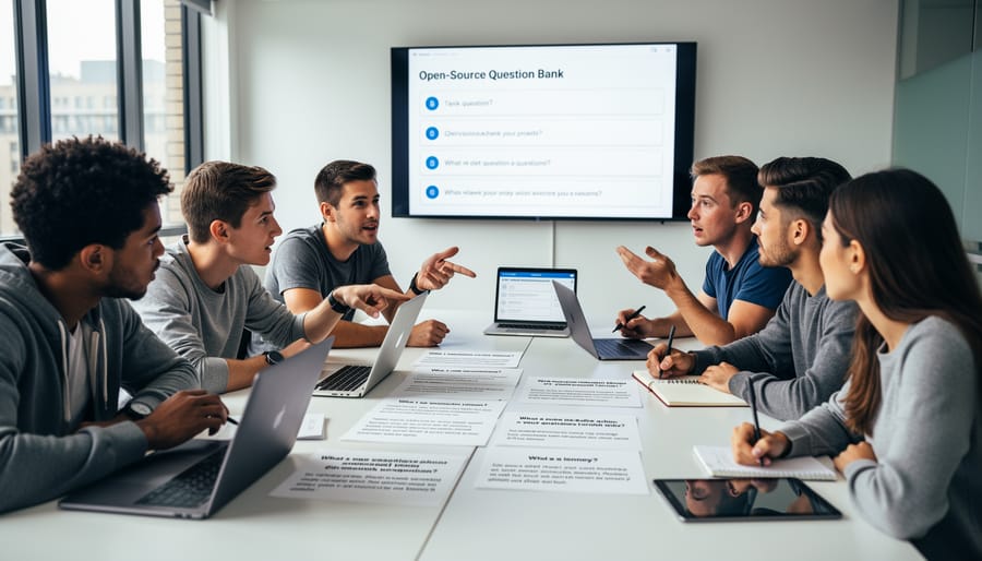 Students in a classroom group discussion with printed pages and pointing gestures