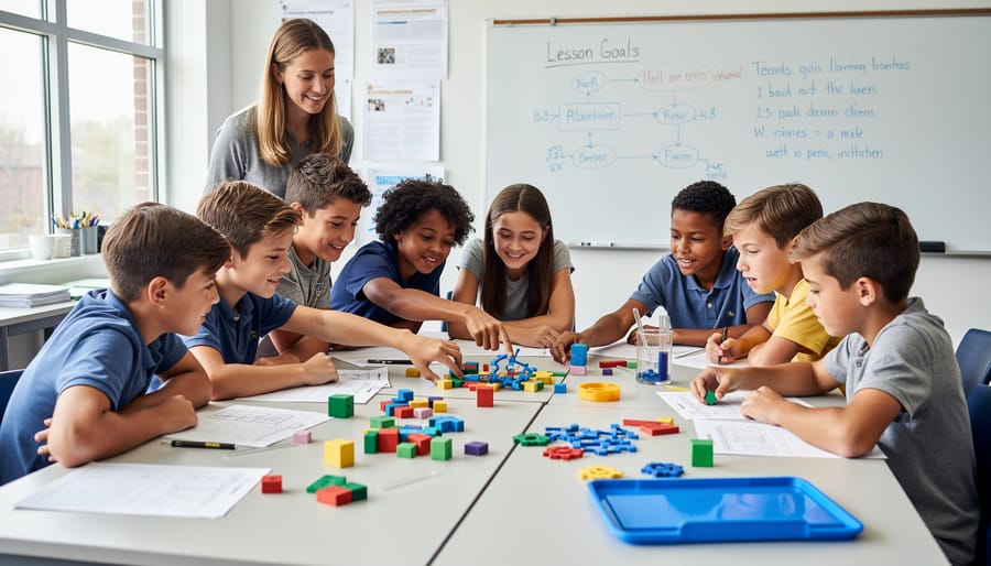 Students collaborating around a tabletop learning activity with colorful materials