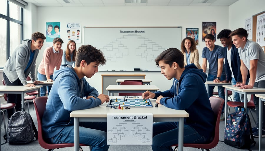 Students playing pool on a classroom pool table during a school competition.