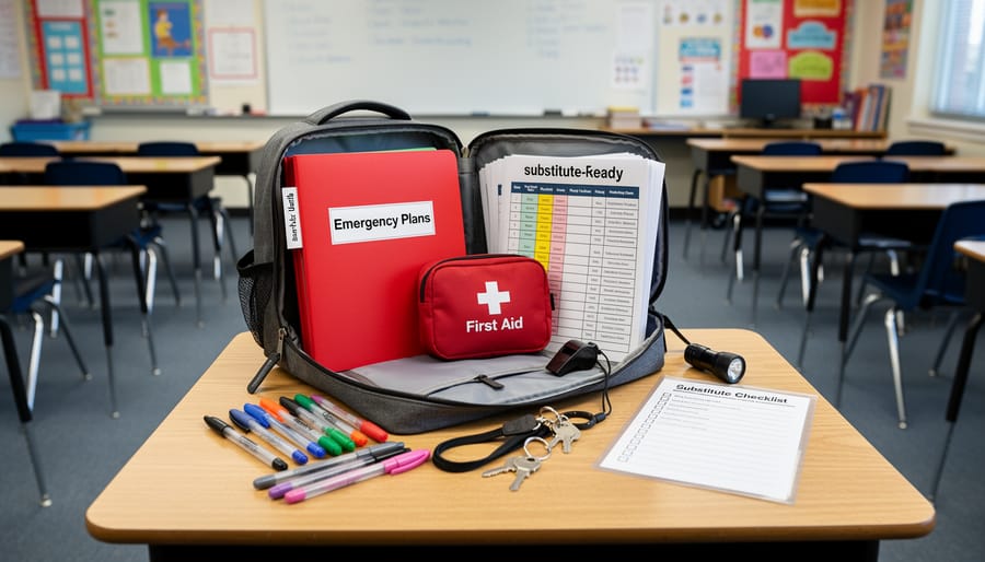 Emergency substitute binder and organized day pack materials on a classroom desk