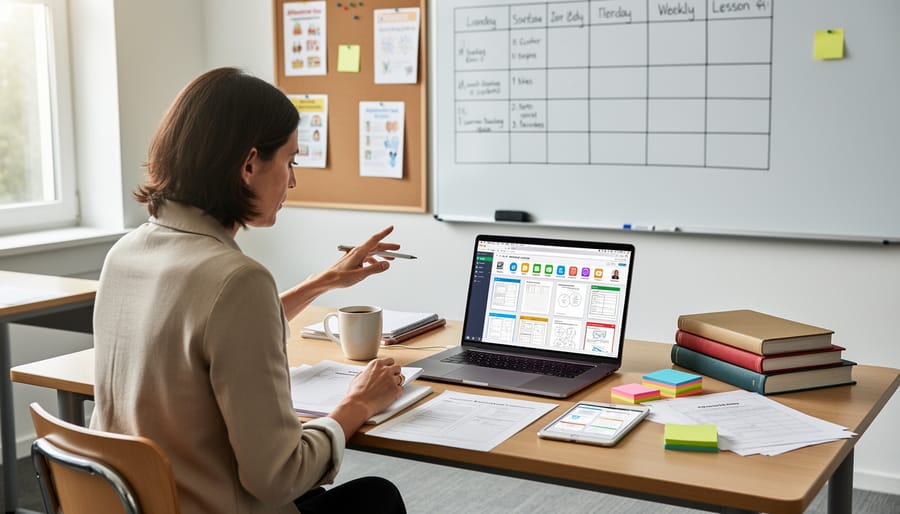 Teacher reviewing digital resources on a classroom desk with a laptop and open notebook