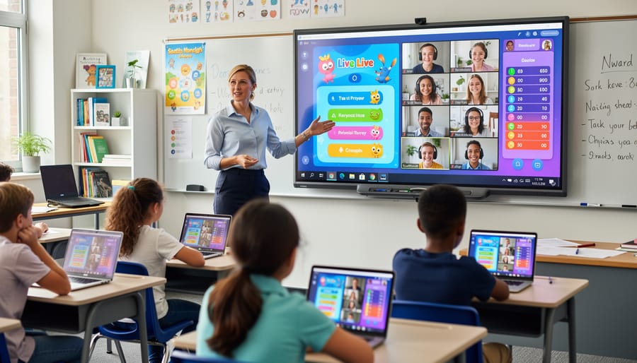 Teacher in a classroom using a microphone while remote participants appear on a display for a hybrid game session