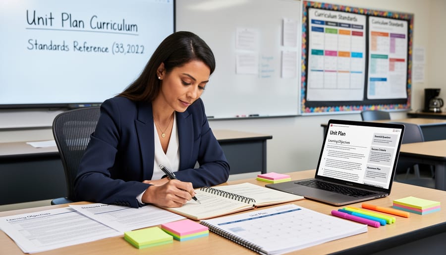 Teacher writing lesson-plan notes on paper at a classroom desk