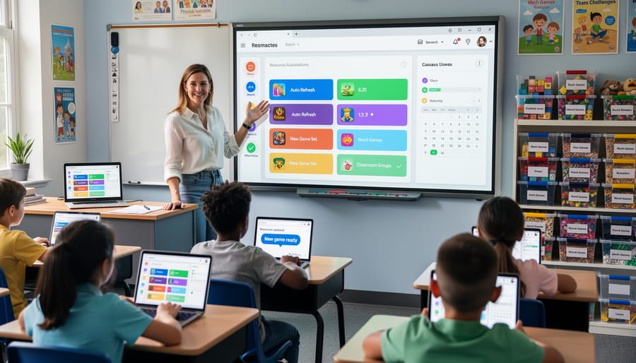 Teacher at a laptop in a classroom using a smartphone while holding game materials and lesson notes