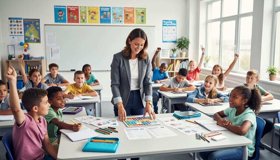 Teacher holding classroom activity cards while students stand nearby and listen.