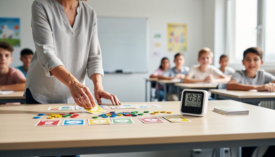 Teacher’s hands arranging educational game materials on a desk with a small timer.