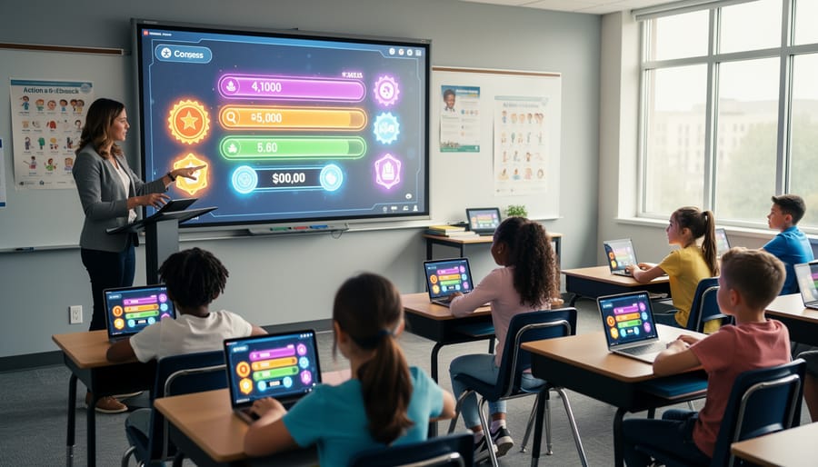 Close-up of a teacher pressing a classroom response buzzer next to colorful game tokens.