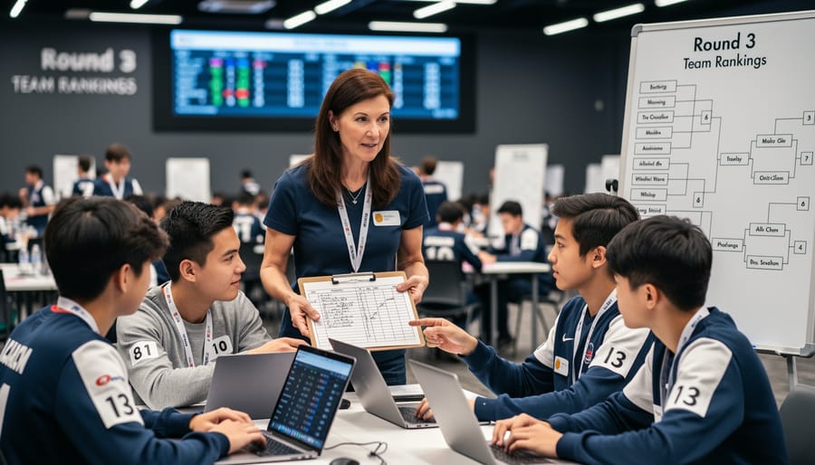 Teacher and students reviewing tournament match materials and bracket updates at a desk.
