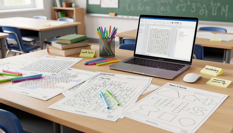 Teacher’s desk with laptop and organized puzzle cards, illustrating preparation and use of visual word puzzles.