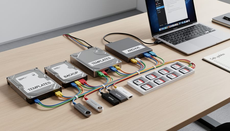 Organized folders and storage drives on a desk representing template management and backups