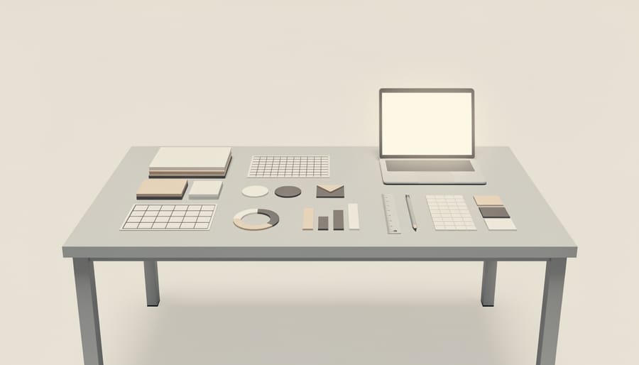 A neatly arranged set of template materials, blank cards, and tools on a desk, ready for building adaptable slides.