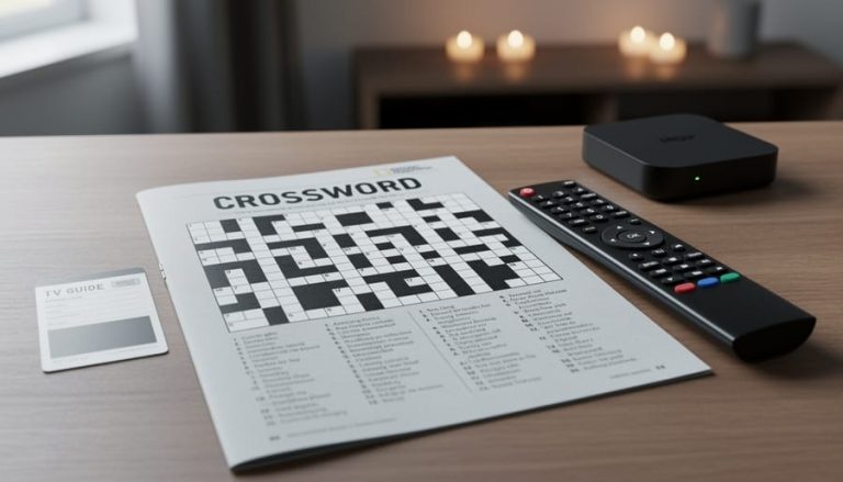 Crossword puzzle page on a wooden desk next to a TV remote and a TV guide directory card, illustrating TV listing abbreviations for crossword clues.